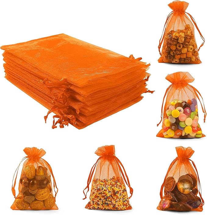 ANZNKU 100PCS Orange Organza Bags 5x7 inches Mesh Bags Drawstring, Gift Bag for Halloween, Wedding Mesh Festival Makeup Organza Party Favor Bag, Sheer Mesh Pouches Drawstring