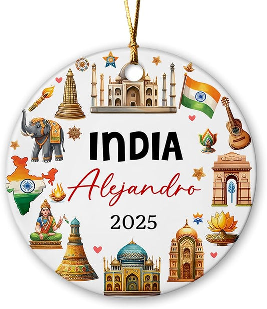 India Vacation Souvenir Christmas Ornament 2025 - Personalized Landmarks Ceramic Xmas Decor, Travel Country Tree Custom Name Taj Mahal Indian Heritage
