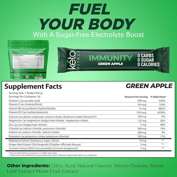 Keto Vitals Immunity Sugar Free Electrolytes Powder with Vitamin C, Ginger, Turmeric, & Elderberry - Boost Your Immune System and Rehydrate Your Body - Green Apple Flavor, 30 Count