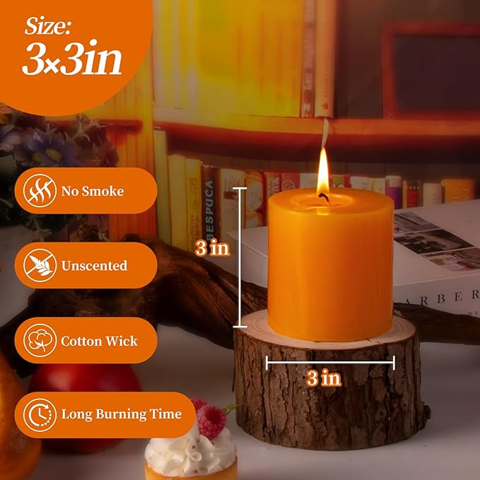 KONNI Orange Pillar Candles Set of 3, 3"x 3" Unscented Pillar Candles Bulk, 30 Hours Long Burning Candles, Smokeless&Dripless Large Round Candle for Wedding, Home Decoration, Parties, Spas, Dinner