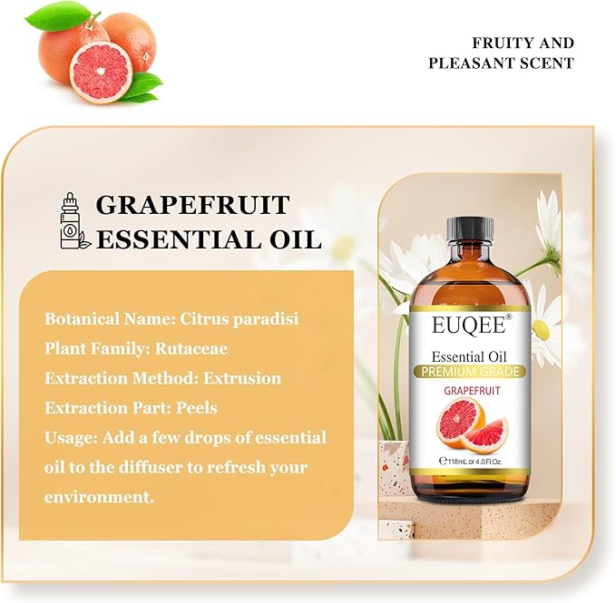 EUQEE Grapefruit Essential Oil 118mL Pure Grapefruit Oil, Large Capacity Essential Oil with Glass Dropper for Diffuser, Aromatheraphy, DIY Soap (4fl.oz)