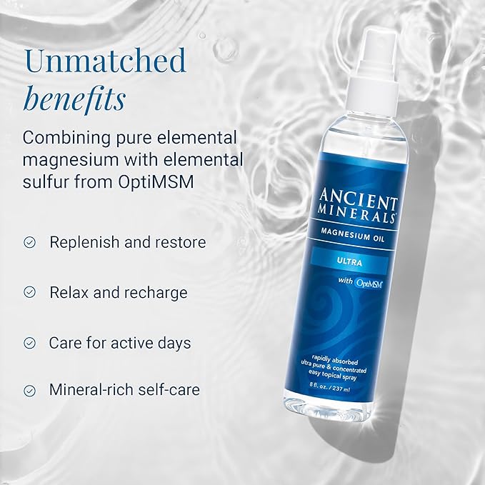 Ancient Minerals Magnesium Oil Ultra with OptiMSM, Refill 33.8 oz. - Pure Genuine Zechstein Magnesium Chloride Supplement with MSM - Best Topical Skin Application for Dermal Absorption