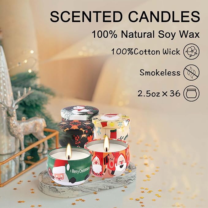 36 Pack Christmas Scented Candles Gift Set 2.5oz Strong Fragrance jar Candles Natural Soy Wax Candles Portable Travel Tin Jar Candles Gifts for Home Scented Decoration Birthday Valentine'sDay