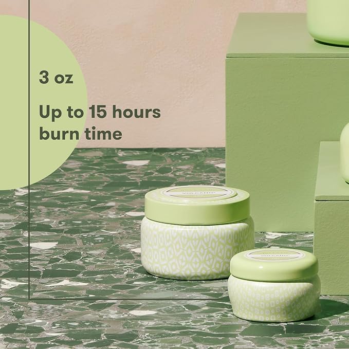 Capri Blue Volcano Scented Mini Tin Jar Candle - Printed Mini Tin Candles for Home Scented with Tropical Fruit & Sugared Citrus - Long Lasting Soy Wax Blend (Iced Matcha Green, 3 oz)