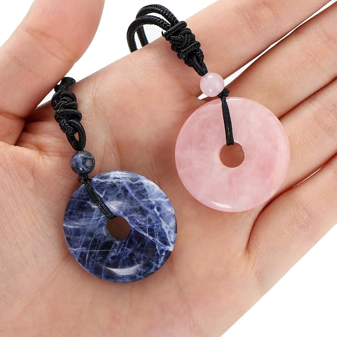 Jovivi 30mm Circle Donut Healing Crystals Necklace Natural Semi-Precious Chakra Gemstone Stone Amulet Lucky Coin Donuts Charm Protection Quartz Reiki Pendant Necklace for Men Women Adjustable Rope