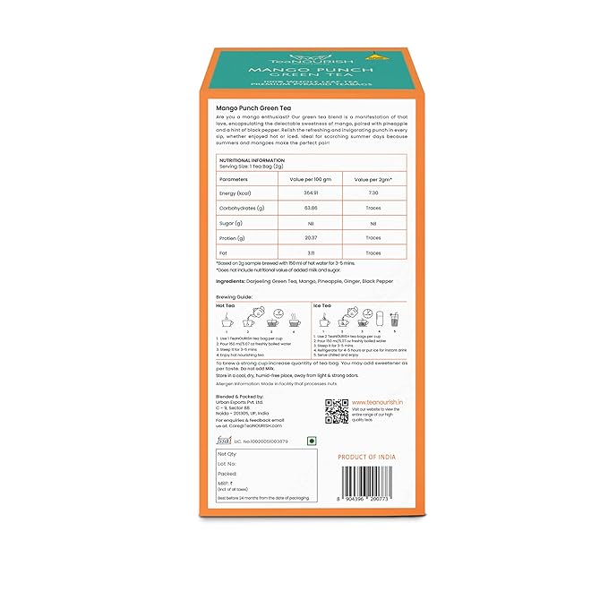 TeaNOURISH Mango Punch Green Tea | 20 Count Pyramid Tea Bags | Darjeeling Whole Tea | Delicious Fruit Infusion | Real Mango | 100% NATURAL INGREDIENTS