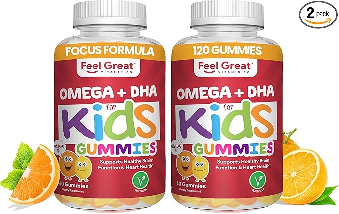 Feel Great Vitamins Kids DHA Gummies with Omega 3 6 9, Vitamin C (2-Pack) | Supports Healthy Brain Function, Vision & Heart Health | Gluten Free, Vegetarian | 60 Gummies