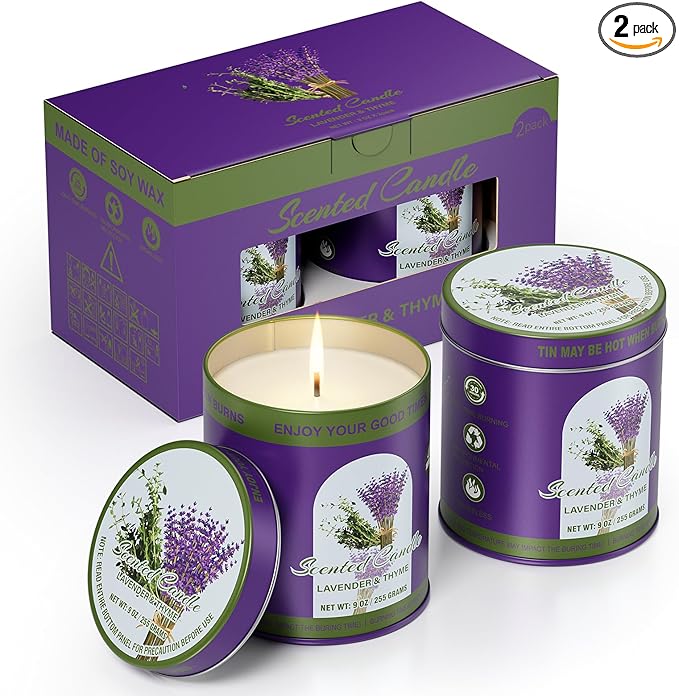 Lavender&Thyme Scented Candle Set | 2Pack 510g 8% Essential Oil, 80H Burn Time | Smokeless Clean-Burning Soy Wax Tin Jar Aromatherapy Candle for Relaxation & Sleep Aid | Candle Gift Set Women&Men