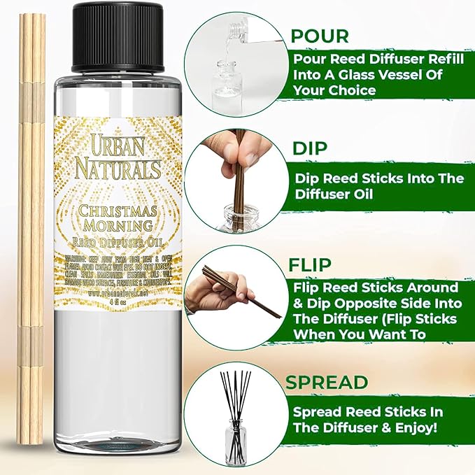 Urban Naturals Reed Diffuser Oil Refill Christmas Morning, Rosemary, Eucalyptus, Balsam Spruce, Orange, Essential Oils, 4 oz + Free Reed Sticks, Made in The USA