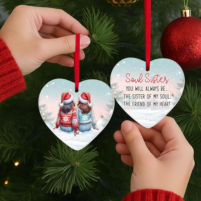 34HD Gifts for Christmas, Sisters Christmas Ornament Heart-Shaped Ceramic 2-Side Printed, Gifts for Best Friends, Besties, Sisters, Christmas Decorations