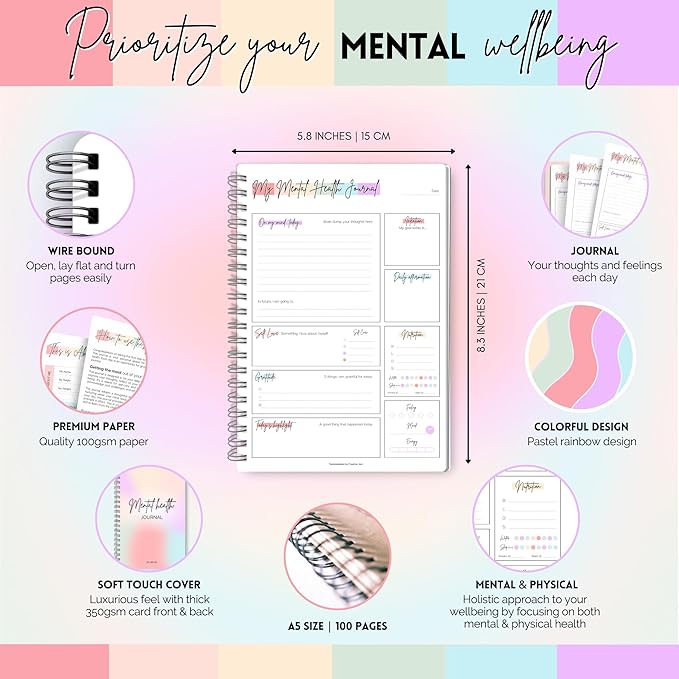 Mental Health Journal, A5 Rainbow, Daily Gratitude, Self Care, Intentions, Affirmations, Nutrition, Annual Tracker, Mood Tracker, Goals & Reflections
