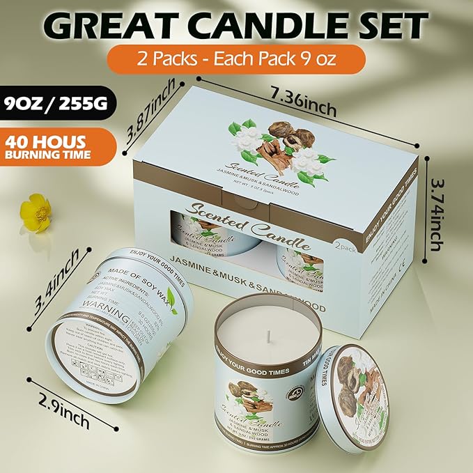 Luxury Jasmine&Musk&Sandalwood Scented Candles Set | 2 Pack,510g,8% Essential Oils,80H Burun | Clean Burning Smokeless Soy Wax for Aromatherapy, Meditation, Yoga | Relaxation Gift for Women & Men