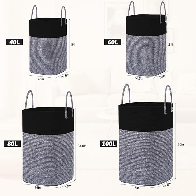 Laundry Basket,Woven Cotton Rope Laundry Hamper,Versatile Storage for Dirty Clothes,Baby Toys,and Blankets in Bathroom, Nursery,and Living Room (Black, 40L)