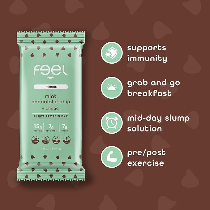Feel Vegan Protein Bars | Mint Chocolate Chip | Keto | Gluten Free | Organic | Chaga Mushroom | 15g Plant Protein | Low Carb | High Protein | Dairy Free | Low Sugar | Grain Free | Nut Free | Soy Free