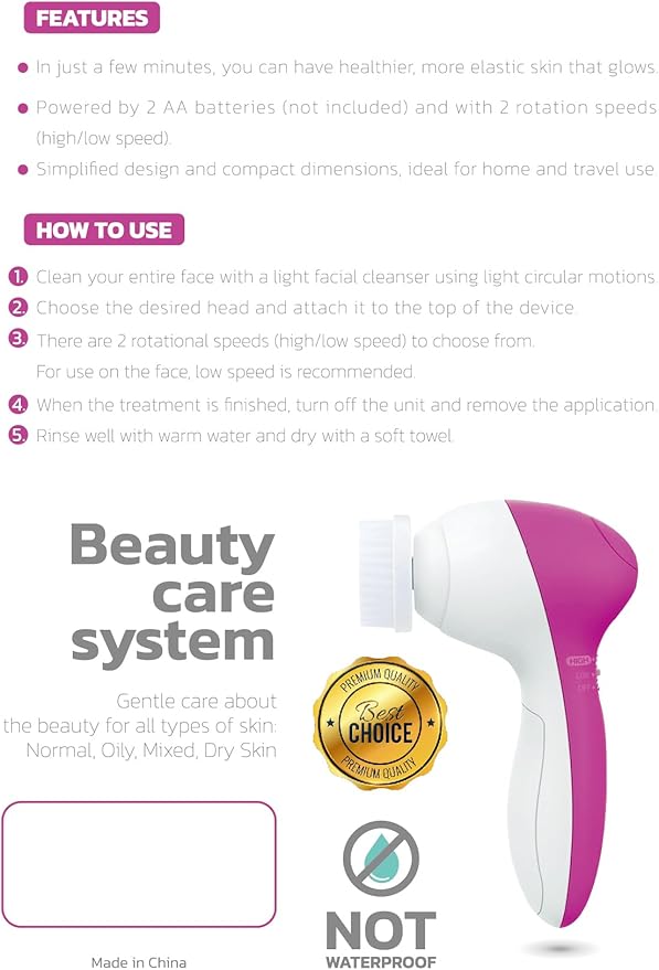 Face Scrubber | Facial Cleansing Brush Exfoliator Skin Care Products Beauty Products Powered Electric Wash Exfoliating Spin Cleanser Cleaning Scrub Including 7 Heads (Rubellite)