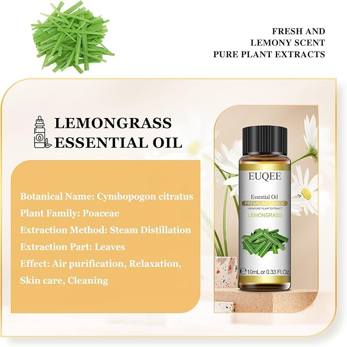EUQEE Lemongrass Essential Oil 0.33 oz/10 ml Premium Essential Oil for Diffusers, Humidifier, Candle Making, DIY Soap