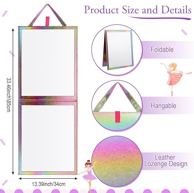 Chunful Foldable Backstage Mirror with Handle Holographic 33.5 X 13.4 Inch Folding Hanging Mirror Rectangular for Travel Dance Bag Home Fitness Spa Gift for Dancers(Dark Purple)