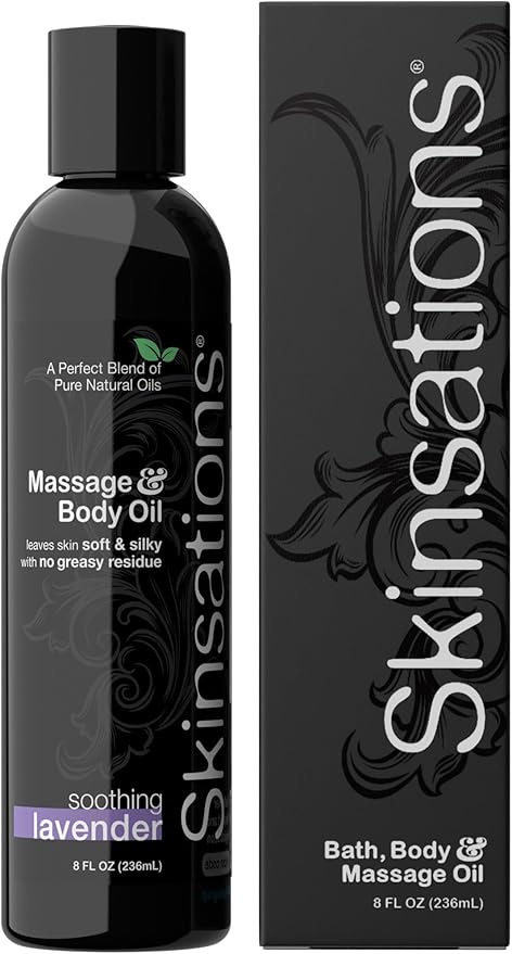 Skinsations - Lavender Massage Oil for Massage Therapy - 8oz | Body Oil for Stress Relief, Relaxation & Aromatherapy | Sweet Almond, Jojoba, Coconut & Grapeseed Oils