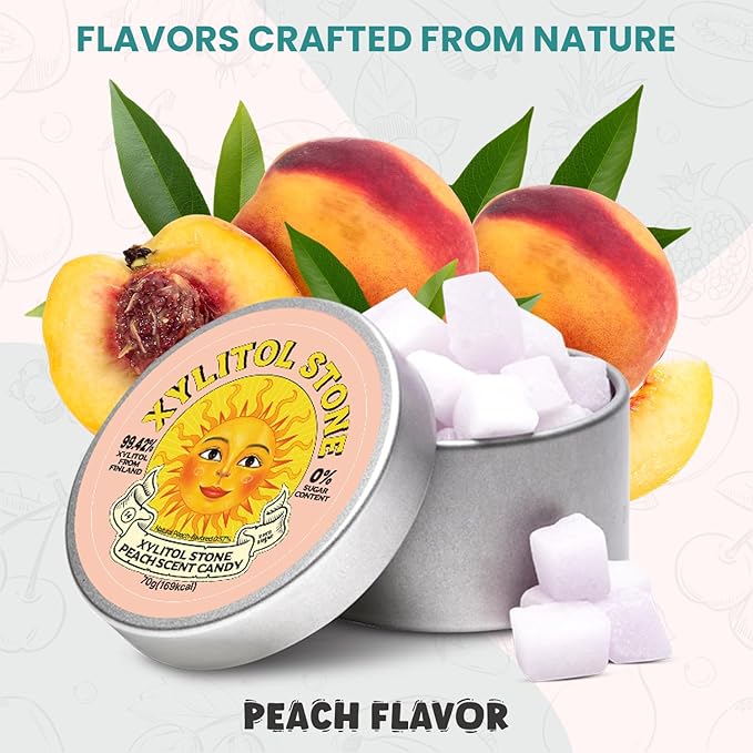 Xylitol Stone Sugar Free Candy - Vegan & Keto Friendly Unique Hard Candy Sugar-Free - 100% Natural Flavor Candies - Gluten Free & Non-GMO Breath Freshener Low Calorie Mints - Peach (Pack of 3)