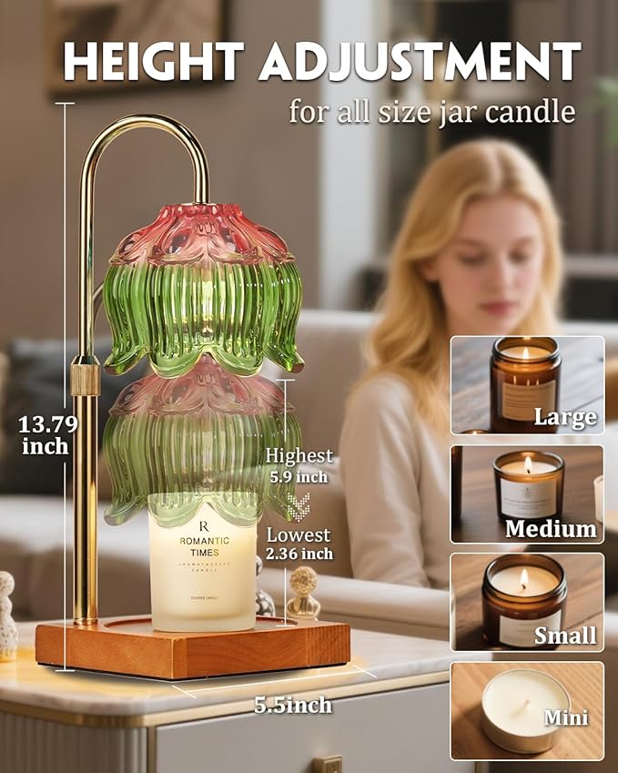 Candle Warmer Lamp with Timer Dimmable, Height Adjustable Birthday Gifts for Women Mom House Warming, Home Decor, Lotus Flower Candle Lamp Warmer 2 Bulbs Inc (Pink Green)
