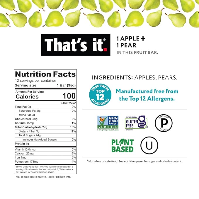 That's it. Apple + Pear 100% Natural Real Fruit Bar, Best High Fiber Vegan, Gluten Free Healthy Snack, Paleo for Children & Adults, Non GMO No Added Sugar, No Preservatives Energy Food (12 Pack)