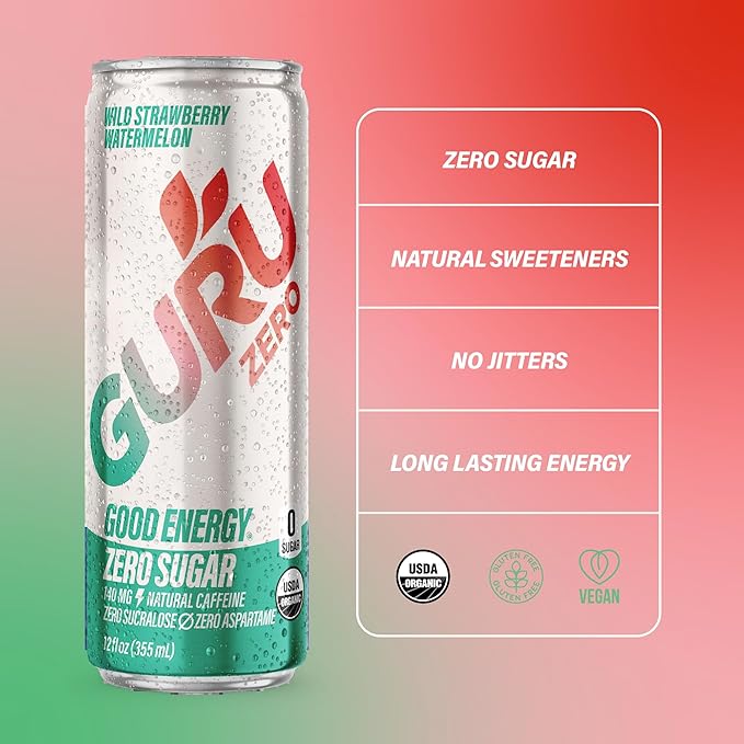GURU ZERO SUGAR Wild Strawberry Watermelon Organic Energy Drinks, Clean Energy Drink with Plant Based Natural Caffeine from Green Tea, Coconut Water, Prebiotic, Zero Added sugars, Gluten Free and Vegan, Pre Workout, Healthy Drinks, 12oz (Pack of 24)