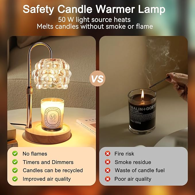 Candle Warmer Lamp with Timer Adjustable - Height Candle Warmer, Dimmer, Vintage Glass Wax Melting Lamps for Home Decor, for Candles in Jars with 2 Bulbs