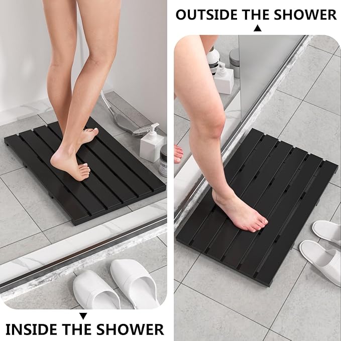 Domax Wooden Bamboo Bath Shower Mat- Non-Slip Waterproof Large Bathroom Floor Mat for Indoor Outdoor (Black, 21.26 x 14.17 x 1.3 Inches)