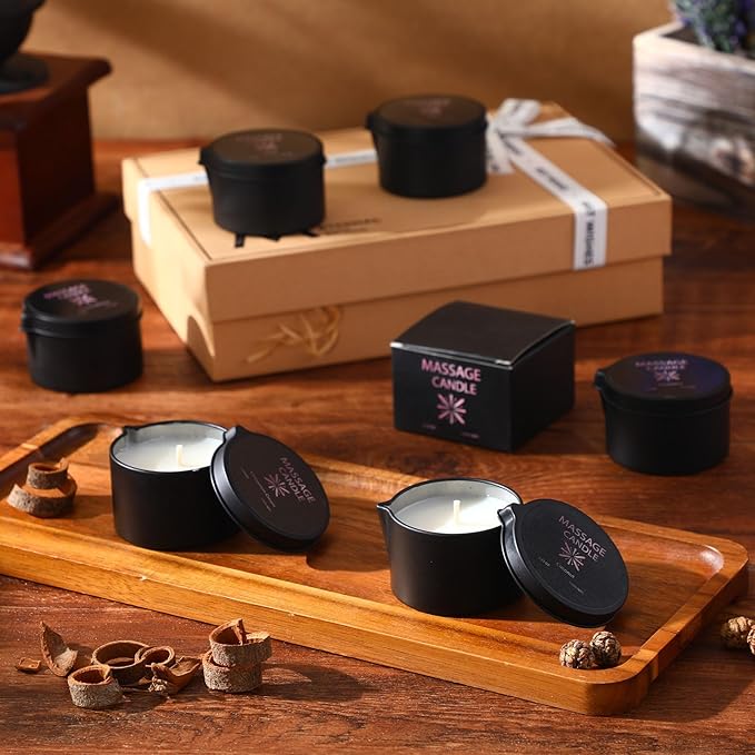 Nuanchu 4 Pcs Massage Oil Candle, 6 oz Ignite Low Temp Scented Body Oil Candles for Massage Therapy Soy Based Christmas Home Gift Spa Use 4 Scent