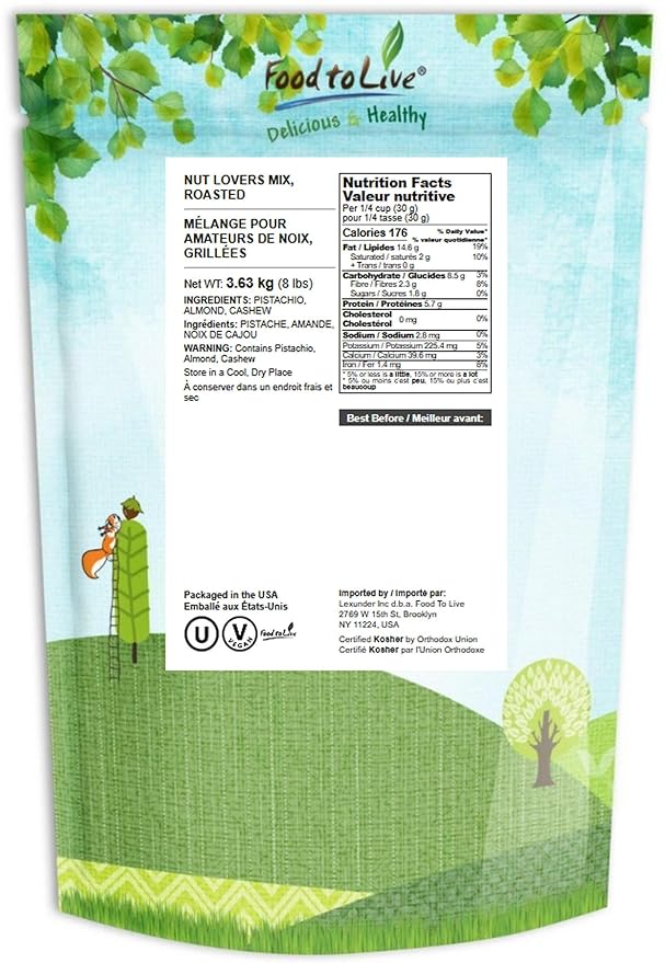 Food to Live Nut Lovers Mix, 8 Pounds – Premium Dry Roasted Pistachios No Shell, Almonds and Cashews Blend. No Salt Added. Trail Snacks for Adults and Kids. Vegan, Kosher, Bulk