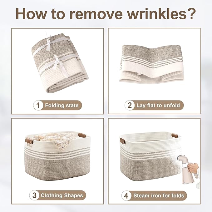 45L Small Laundry Basket with Leather Handles for Living Room Storage, Woven Rope Baskets Bin for Blanket, Kids Toy, Gifts, Wicker Hamper for Bedroom Dirty Clothes, 18"x14"x11" White Black