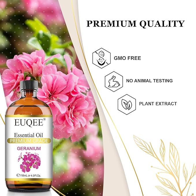 EUQEE Geranium Essential Oil 118 ml Pure Geranium Oil with Dropper for Diffusers, DIY, Skin Care, Massage, Aromatherapy (4 fl oz)