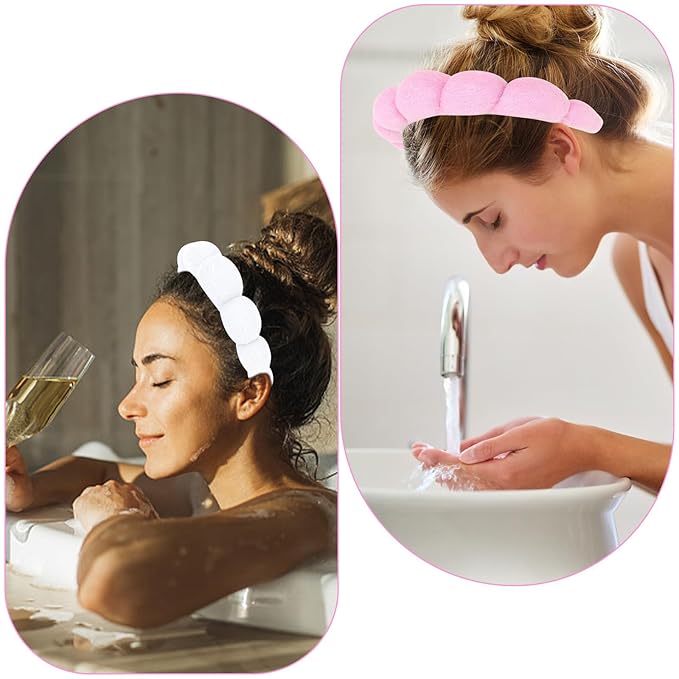AMCAMI Puffy Spa Headband for Women 2 PCS Sponge Headbands for Girls Terry Towel Cloth Fabric Head Band for Skincare,Makeup Removal,Face Washing,Facial Mask,Shower,Hair Accessories（White&Light Pink）