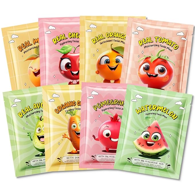 Kaely 8 Pack Fruit Face Masks for Kids, Kids Face Mask Spa Day Kit Supplies, Spa Party Favors for Teens Girls Women, Sheet Facial Mask Skincare Gifts Set, Moisturize Soothe for All Skin Types, 02