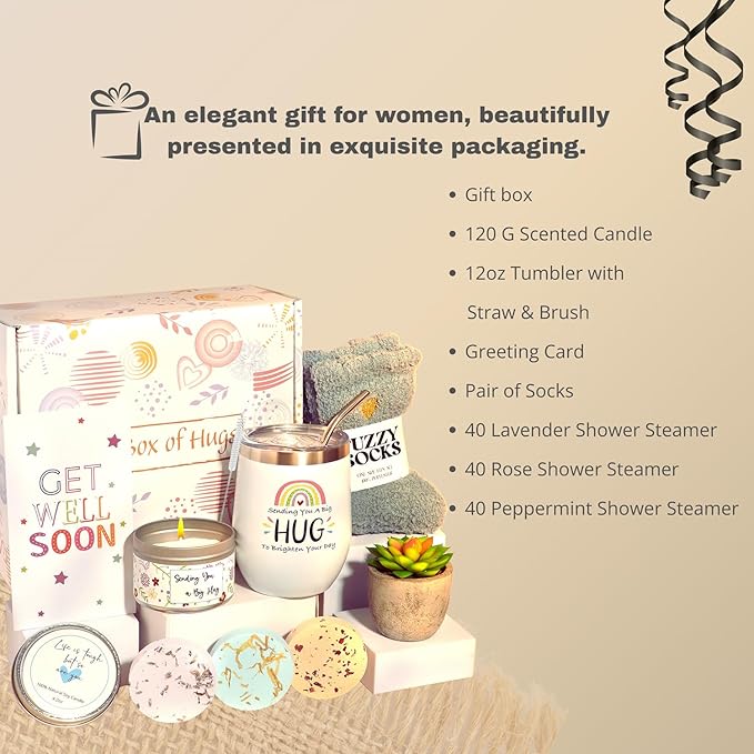 Get Well Gift Box for Women - Hugs & Healing Luxury Care Package for Her, Feel Better Soon Basket - Sympathy and After Surgery Recovery Gifts - Thinking of You