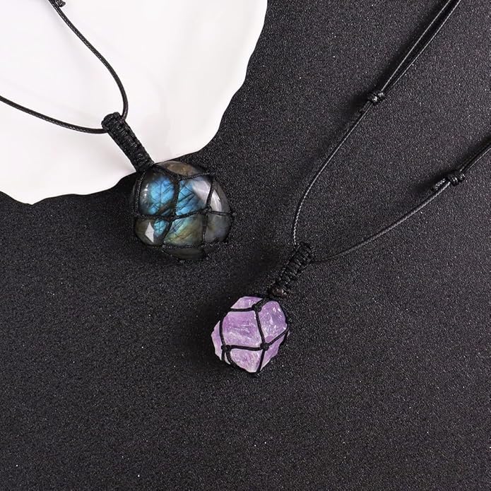 Handmade Natural Gemstone Crystal Pendant Necklace Stone Holder Necklace Cord Net Necklace with Adjustable Length for Women Men
