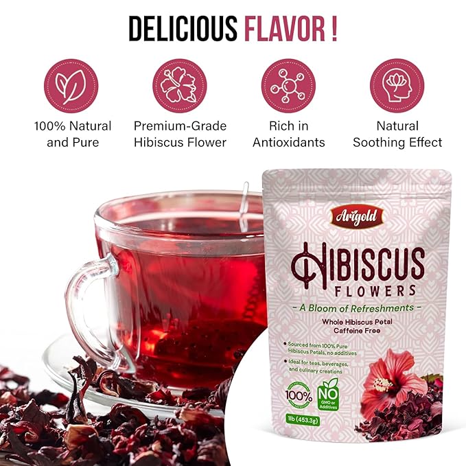 Arigold Pure Whole Petals Hibiscus Tea 1lb – Dried Hibiscus Flowers, Flor de Jamaica, Hibiscus Sabdariffa, Bissap, Sorrel, hibiscus tea loose leaf Herbal Tea for Agua Fresca, Cocktails, Iced Tea & Hot Tea | Caffeine-Free & Rich in Antioxidants.