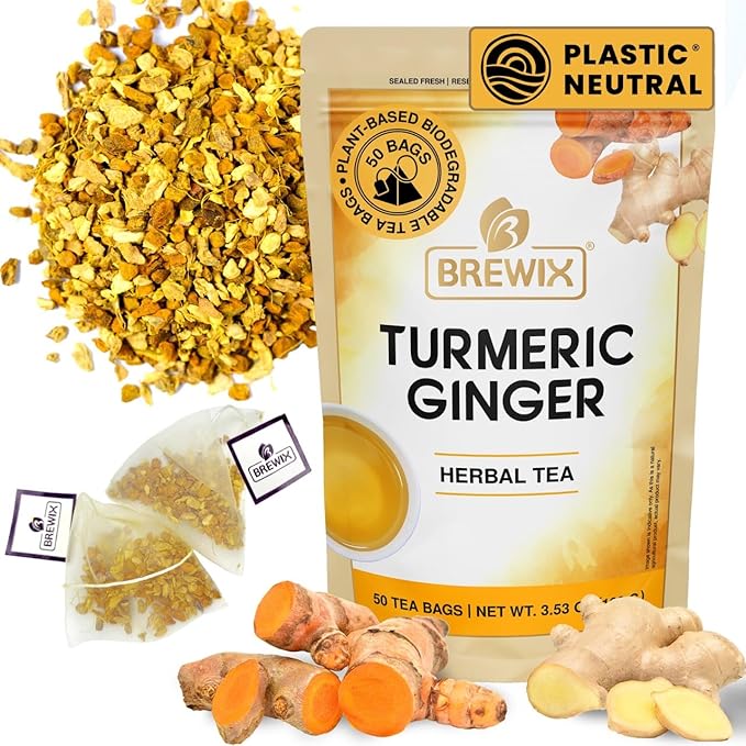 BREWIX, Turmeric Ginger Herbal Tea Bags (50 Pyramid Tea Bags) Caffeine-Free Ayurvedic Blend for Daily Wellness & Immune Balance | Daily Wellness Ritual | Gluten Free | Real Ingredients From India