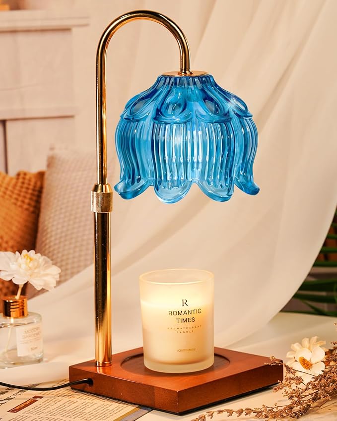 Candle Warmer Lamp with Timer Dimmable, Height Adjustable Birthday Gifts for Women Mom House Warming, Home Decor, Lotus Flower Candle Lamp Warmer 2 Bulbs Inc (Blue)
