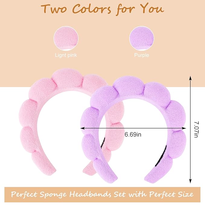 AMCAMI Puffy Spa Headband for Women Sponge Headbands for Girls 2 PCS Terry Towel Cloth Fabric Head Band for Skincare,Makeup Removal,Face Washing,Facial Mask,Shower,Hair Accessories（Purple&Light Pink）
