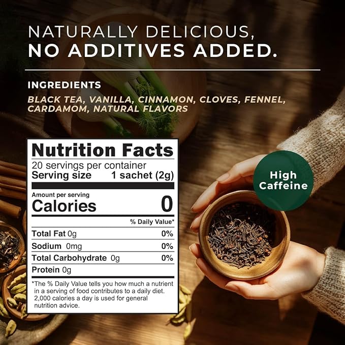 Gya Tea Co Vanilla Chai Tea Bags (20 Bags) - Caffeinated with a Smooth Flavor for Workday - Recharge Yourself with Every Sip - Fruit & Herbal Blends