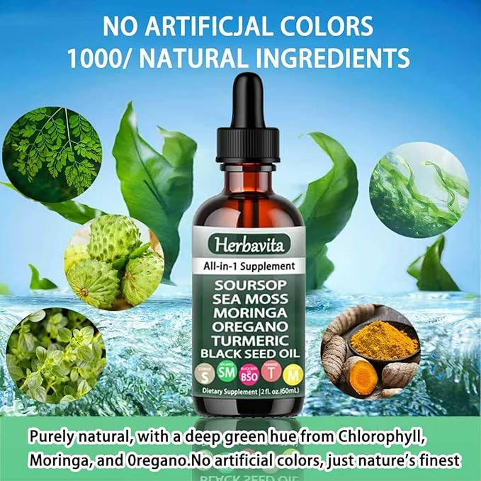 Herbavita Soursop Liquid Drops 10 in 1 with Sea Moss, Moringa, Turmeric, Black Seed Oil – Vegan, Non-GMO Immune & Energy Support – 2 fl oz