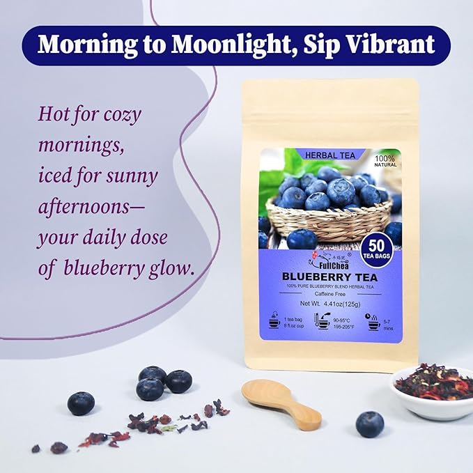 FullChea - Blueberry Tea Bags, 50 Teabags - Premium Blueberry Blend Herbal Tea - Harmonious Mix of Blueberries, Hibiscus, Raisins, Mint Leaves - Rich in Natural Goodness, Delightful Taste