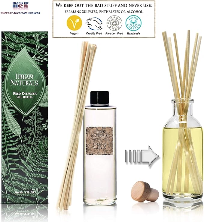 Urban Naturals Tobacco Vanilla Reed Diffuser Refill Set | Includes a Free Set of Reed Sticks! 4 oz | Great Gift Idea Home Fragrance Lovers!