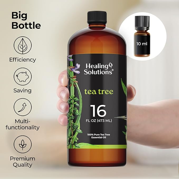 Healing Solutions Tea Tree Essential Oil Bulk, 16oz - 100% Pure Large Bottle of Tea Tree Oil for Shampoo, Hair, Soap, Spray, Skin - Large Tea Tree Oil - Big Bottle of Tea Tree Oil - Tea Tree Lotion