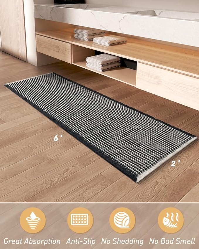 AMOAMI Upgraded Waffle Runner Rug Super Absorbent Non Slip Bath Mats for Bathroom Machine Washable Bathroom Runner Rug with Tassels, Ideal for Hallway Bedroom Laundry Room, 2' x 6', Black & Cream