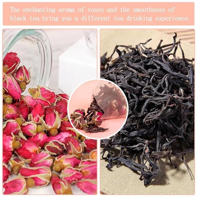 Eilin YHT Rose Black Tea Bags with Red Flower Petals 50 Counts x 3grams