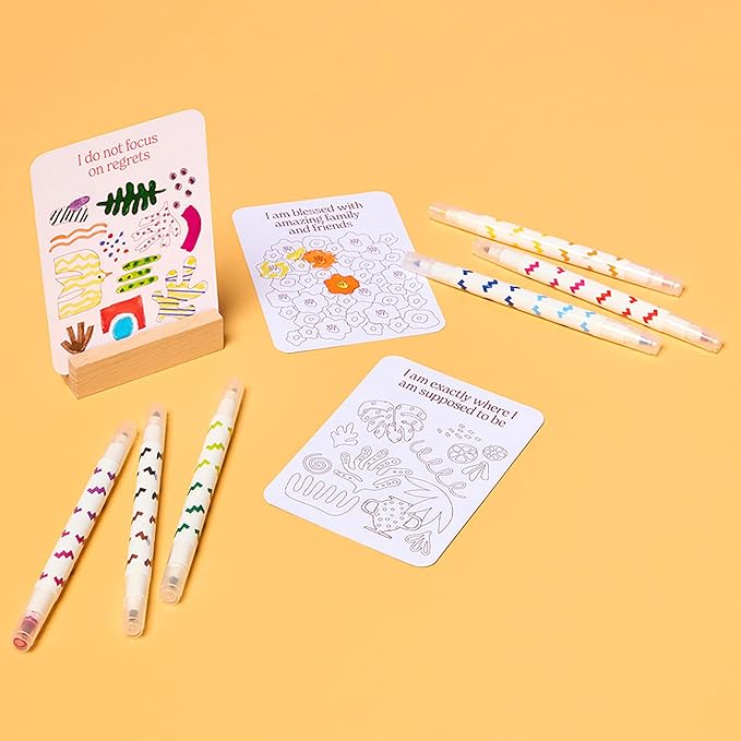 Journey of Something: Color Your Own Affirmation Cards - Mindfulness Positivity Art Kit, Dual-Tip Markers, Wooden Display Stand, Adults Activity