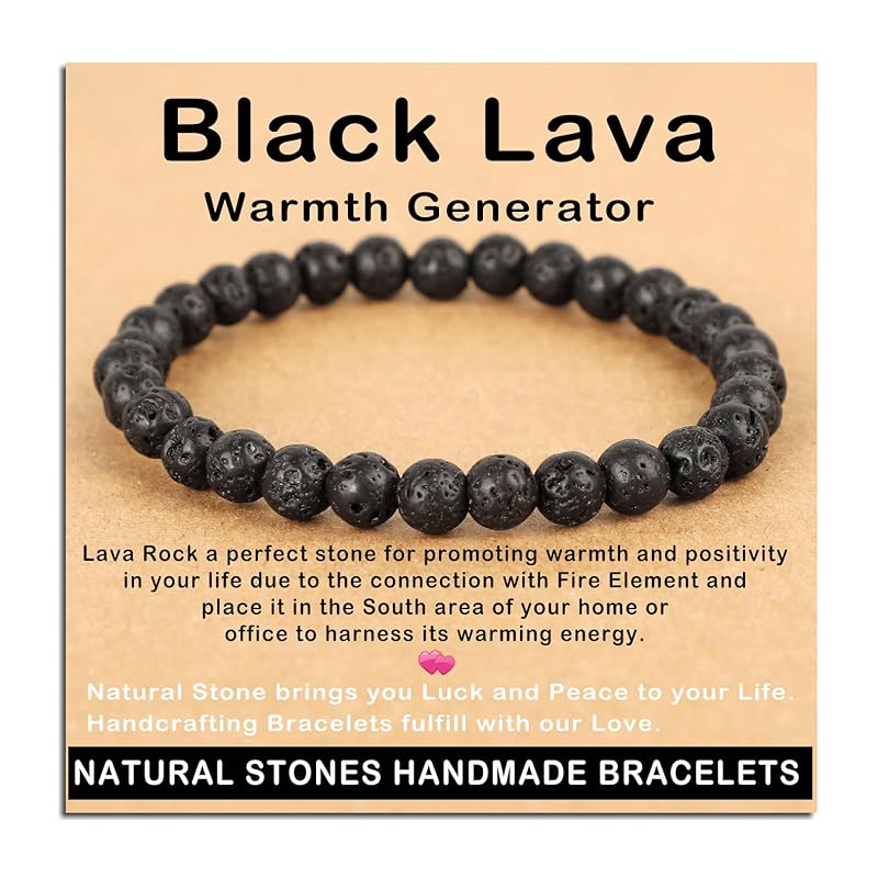AD Beads Handmade Gemstone Stretch Elastic Bracelet Crystal Healing Reiki Nature's Beauty and Spiritual Essence Unisex (6mm, Black Lava (Warmth Generator))