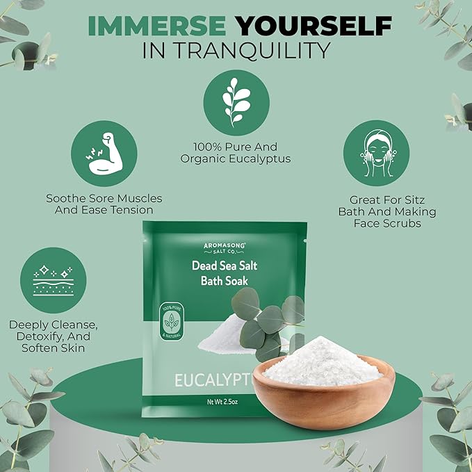 Aromasong Pure Dead Sea Salt 100% Natural Eucalyptus Essential Oil – 2.5 oz. Spa Bath Salt Fine Grain- Christmas Stocking Stuffers for Adults, Kids, Women, and Mens soak Stocking Stuffers for Adults